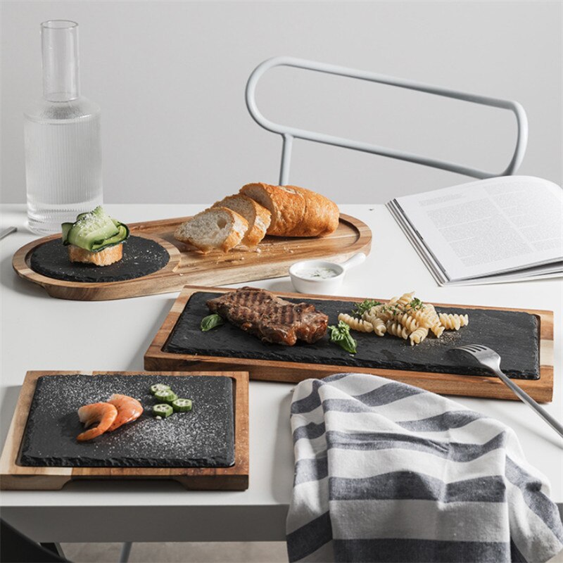 Plato de aperitivo de madera maciza, bandeja de madera para Pizza, plato de pan de pizarra negra, plato de madera para carne de repostería, plato de comida japonesa