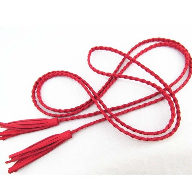 Hand-knit Long Pu Leather Braid Belt String Band with Tassel Casual Partty Dress Belts for Women Girl: Red