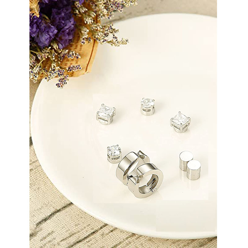 Juego de 4 pares de pendientes de acero inoxidable para hombre y mujer, tachuelas magnéticas sin perforación, CZ, Color acero de 6MM