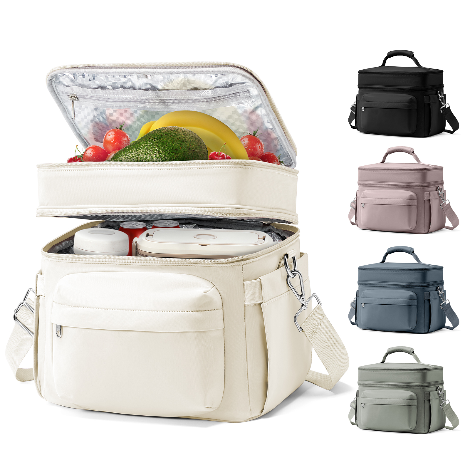 Grote Capaciteit Handheld Met Schouderriem Finsulated Lunchtas Voor Vrouwen, Student Verdikte Waterdichte Geïsoleerde Lunchbox Tas: Beige