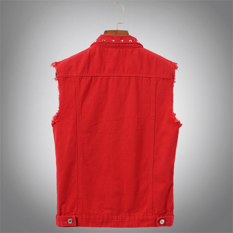 Dimusi høst herrevest vintage denim jeans vest mannlig rød revit ermeløse jakker menn retor hull jeans vester klær 5xl