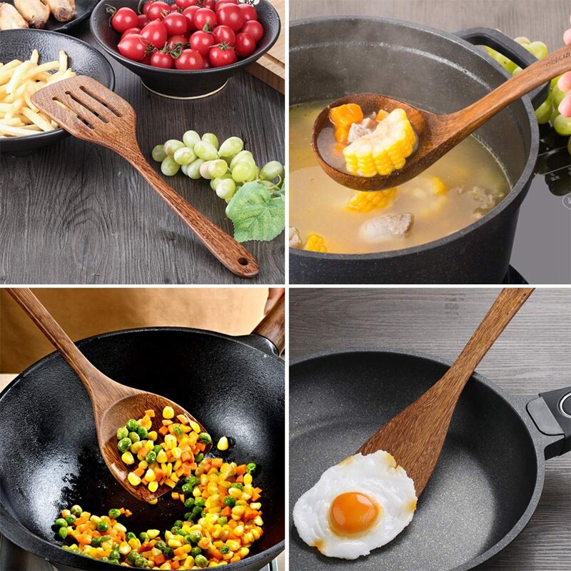 Træredskaber sæt til køkken træ kogeskeer værktøj til nonstick køkkengrej håndlavet af uden maling