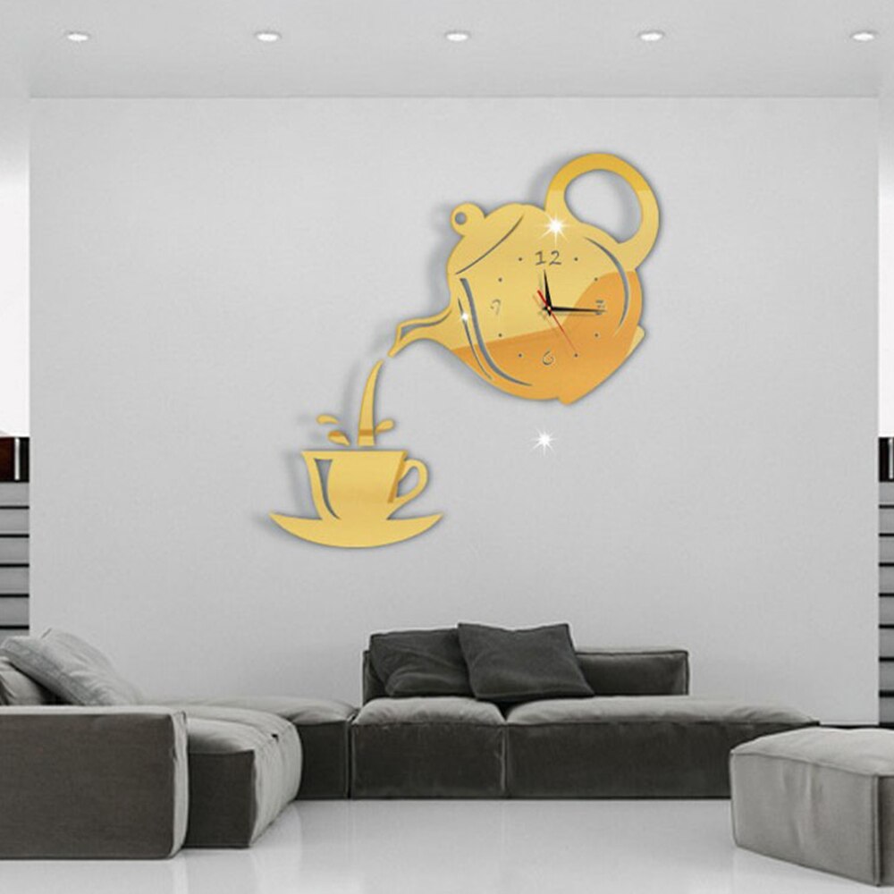 Diy Acrylic Coffee Cup Teapot 3D Mirror Wall Clock Decorative Kitchen Wall Clocks Living Room Home Decor Clock