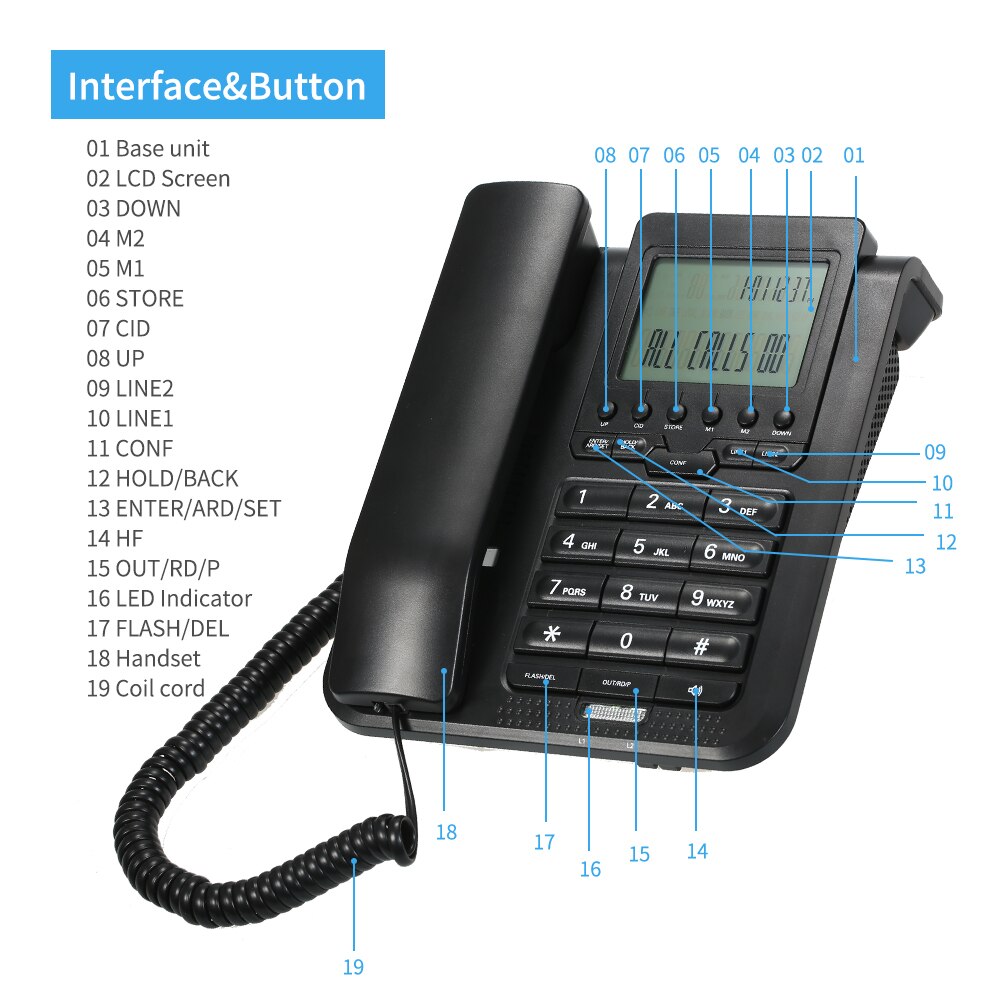 2-Line Digital Corded Telephone Desk Landline Phone Support 3-Way Conference Call/Redial/Auto-redial/Set Key/Memory Key
