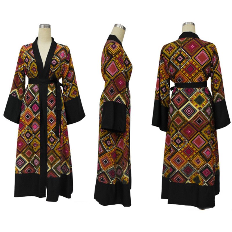 Vintage kontrast print cardigan muslimsk kjole frakke, islamisk kjole abaya / tunika lange klæder kimono ramadan arabisk tyrkisk tobe: Xxl