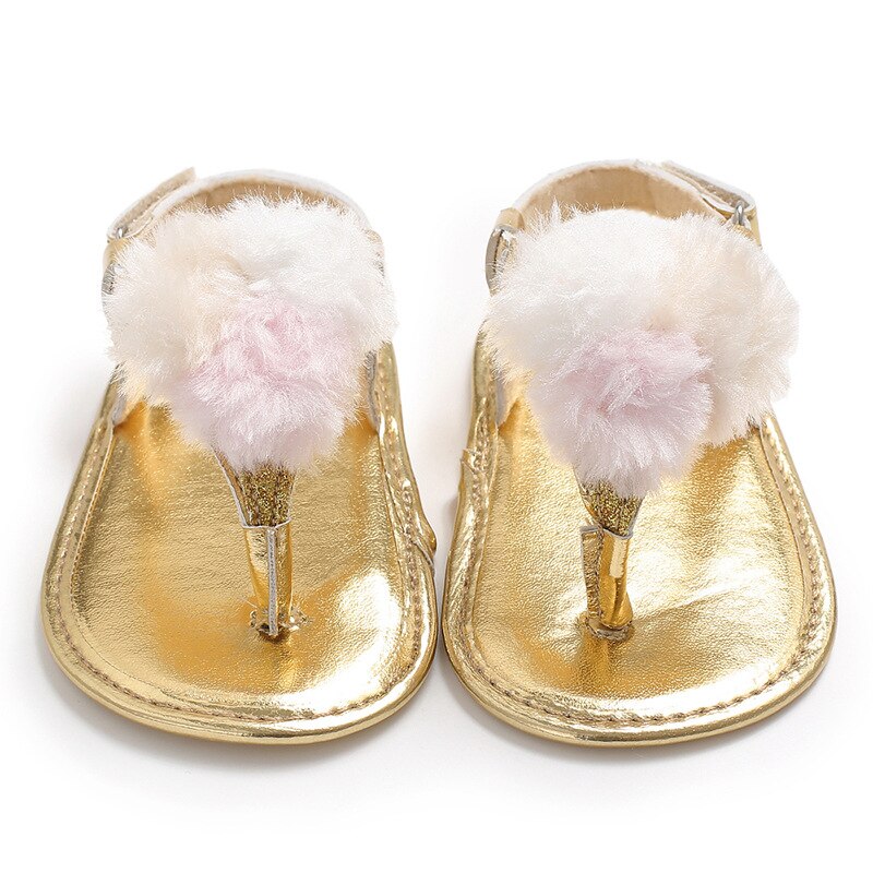 Baby flickor sommar andas rund fluff dekoration skor anti-halk flip flop nyfödd sandaler 0-18m: Guld- / 7-12 månader