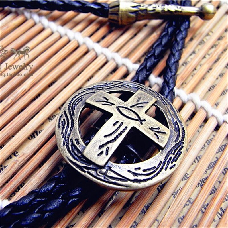 Bolo Tie Retro Overhemd Keten Poirot Led Touw Leer Cirkel Kruis Ketting Lange Tie Hang: Gold