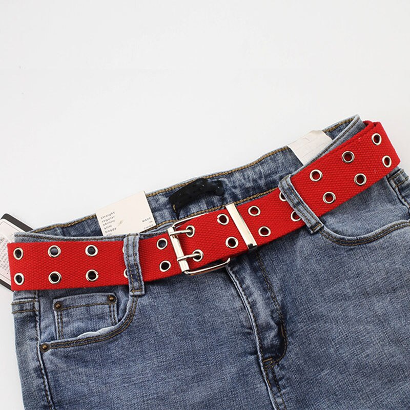 Wide Canvas Belts Casual Double Hollow Hole Buckle Belt Adjustable Solid Color Waist Strap For Women Men Students Jeans: Red