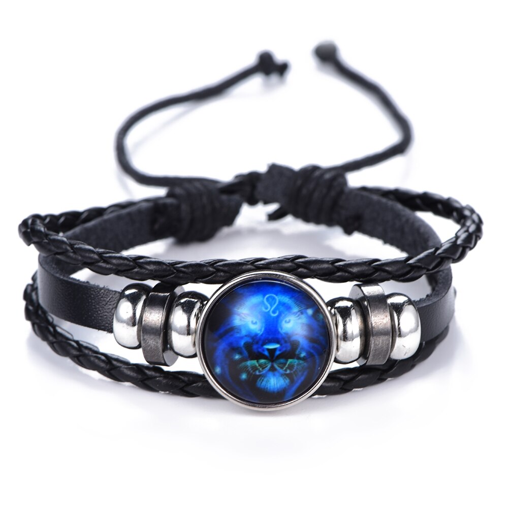 12 Constellation Zodiak Teken Blauw Glas Lederen Armband Ram Waterman Leeuw Maagd Geweven Glas Dome Sieraden Punk Mannen Armband