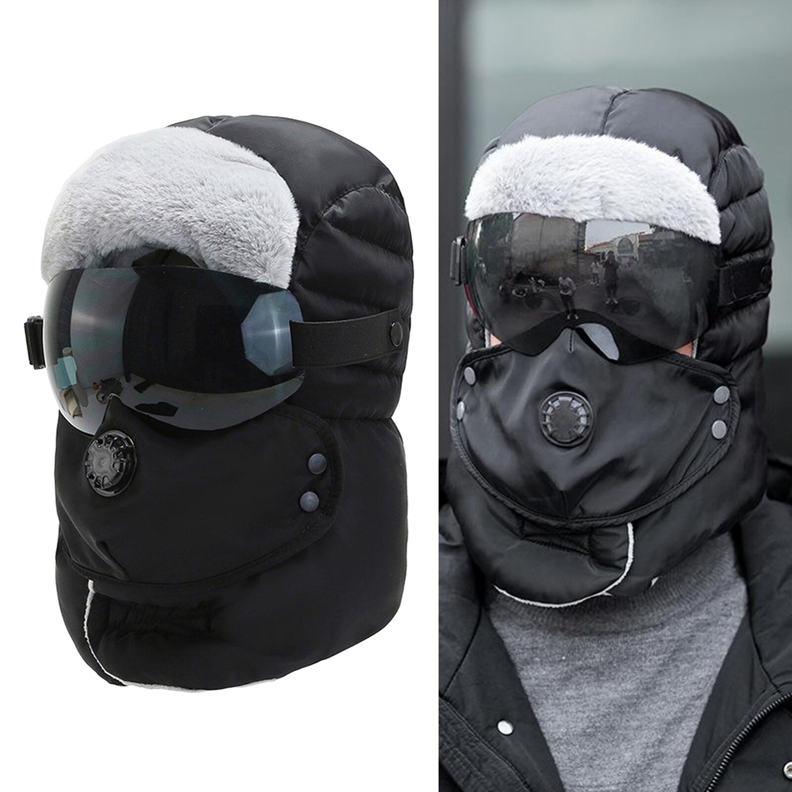 Unisex Balaclava Winter Warm Hat Trapper Cap Face Eye Protection Windproof: Black Black Glasses