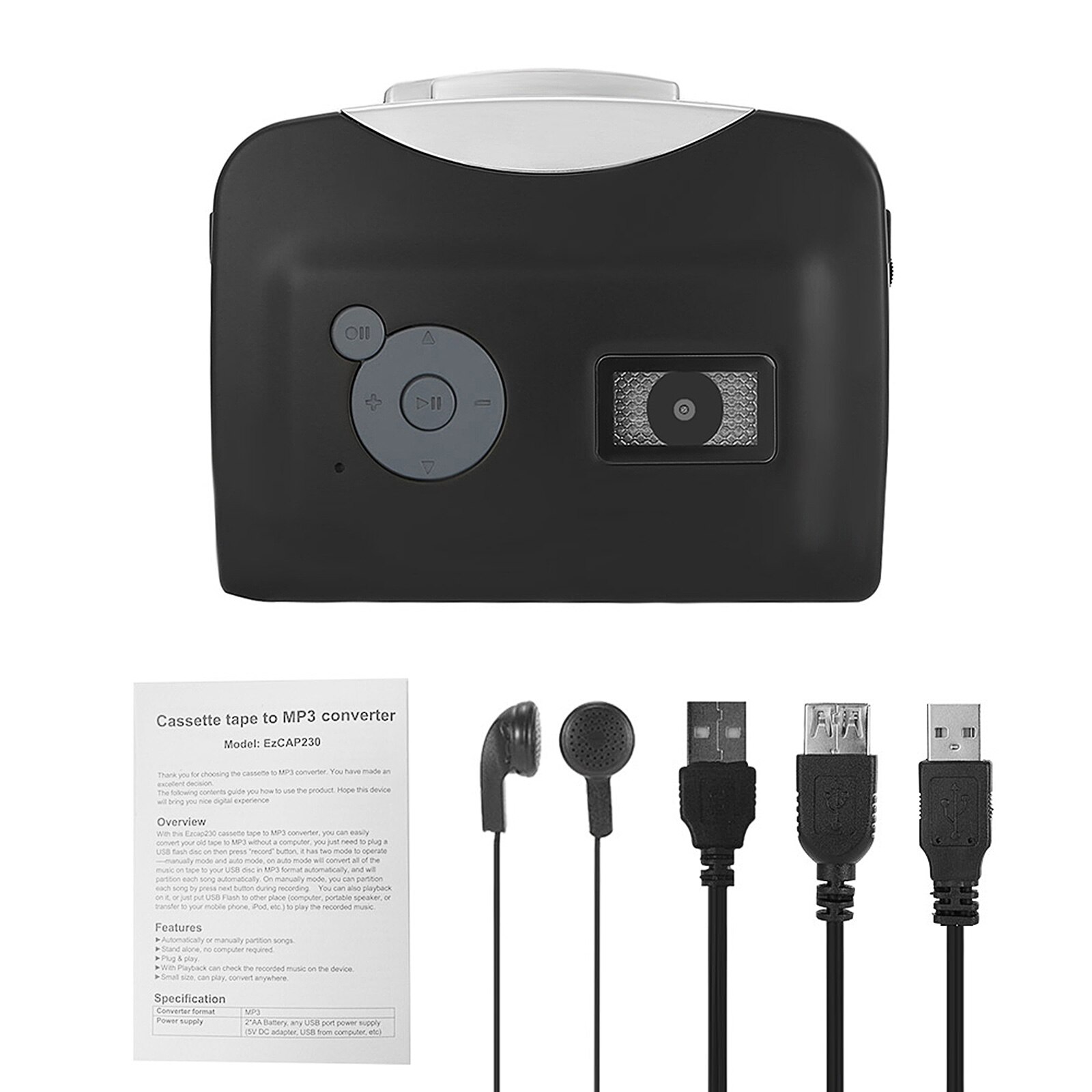 ezcap230 Cassette Tape-to-MP3 Converter Save into USB Flash Disk Auto Partition Recorder Cassette to MP3 Converter with Earphone