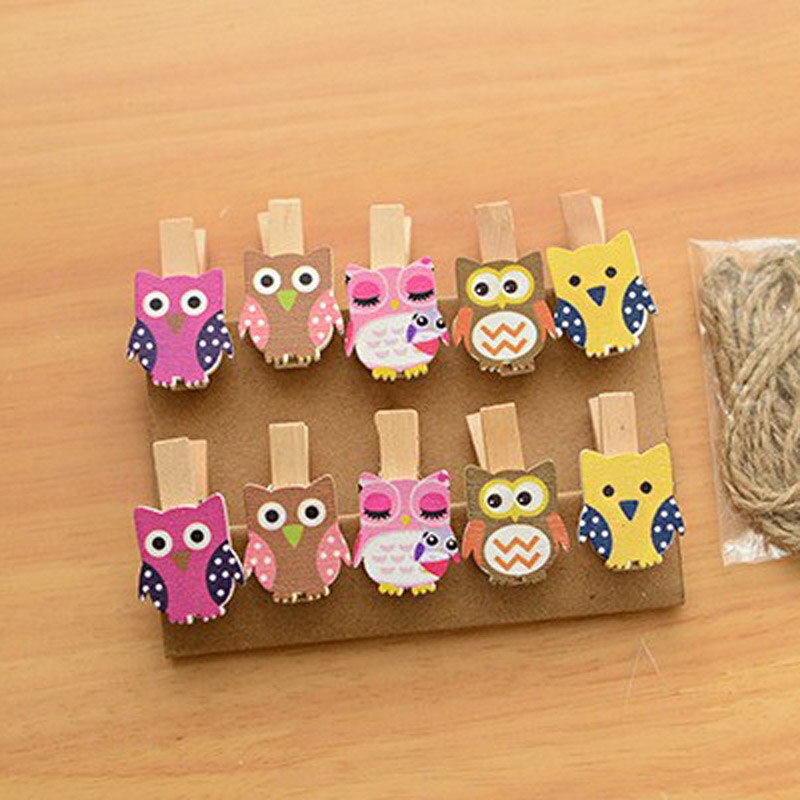 10 stks/partij Leuke Uil Cartoon Houten Clips Kawaii Fotopapier Craft DIY Clip met Helmp Touw FOD