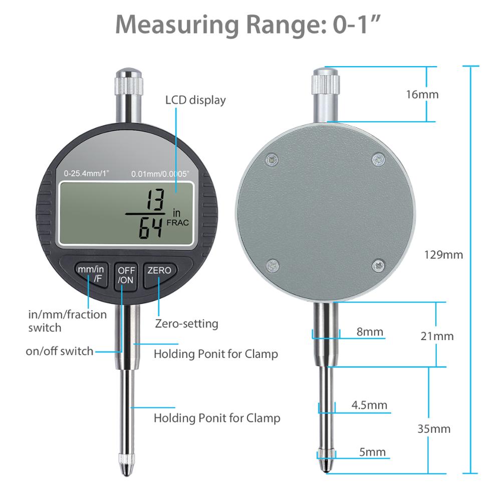 Neoteck DTI Digital Dial Indicator With Fractions/Inch/Metric Digital Probe Indicator Gauge Range 0-25.4mm/1'' Dial Indicator