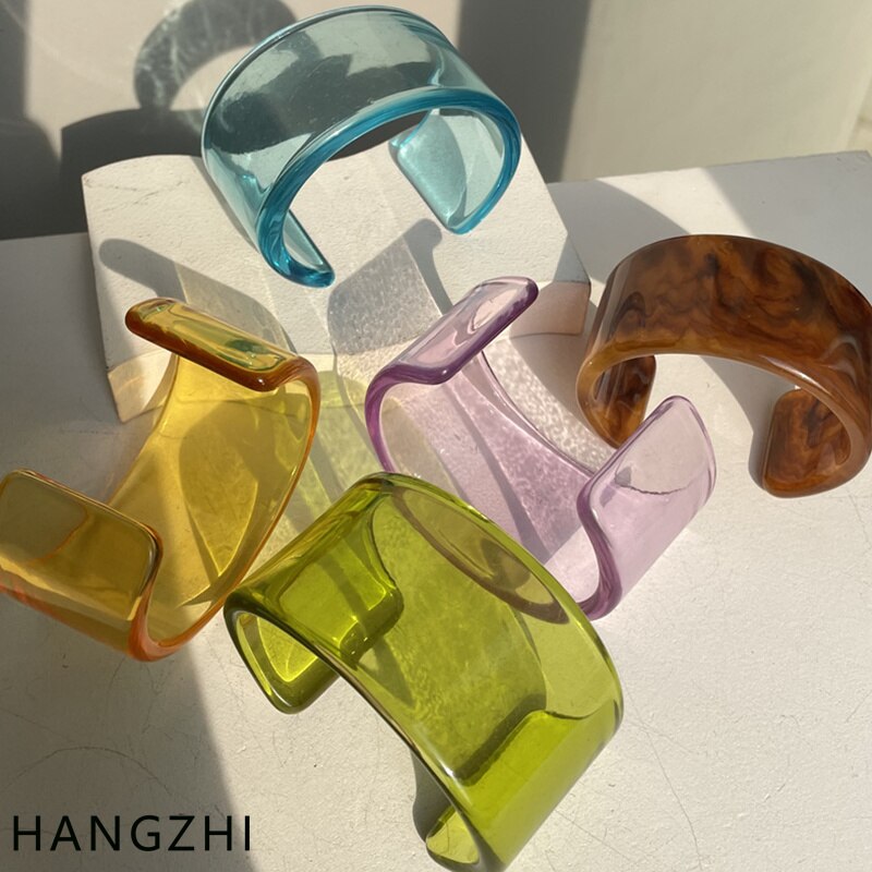 HANGZHI 2021 INES nowy przezroczysty kolor przezroczysty akrylowy żywica geometryczna szeroka otwarta bransoletka bransoletka dla kobiet dziewczyn biżuteria podróżna