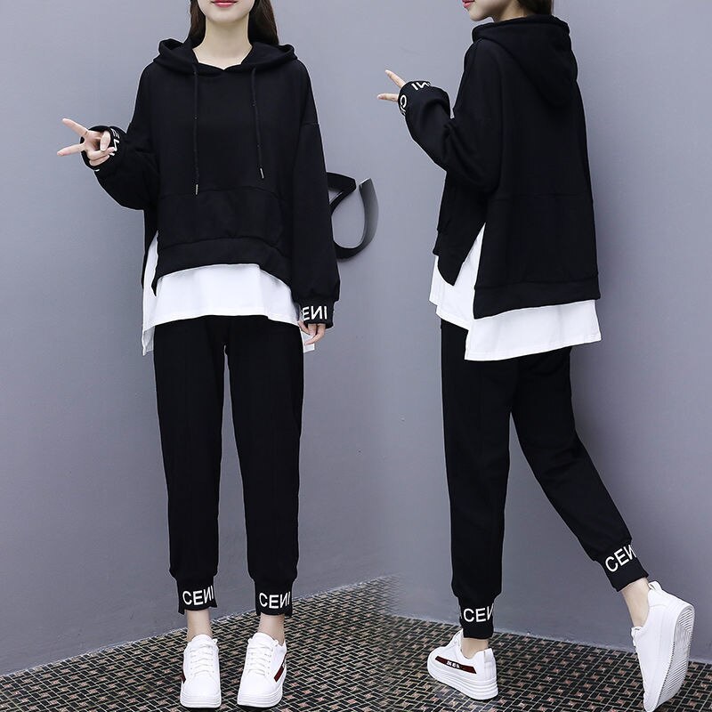 Women's Large Size Cool Two Piece Set Spring Student's Sweater Suit Girls Casual Loose Sport Running Sportwear