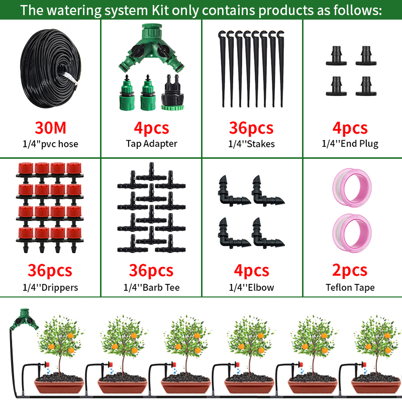 Sistema de riego por goteo de 10M-30M, juego de mangueras de riego automático de 4/7mm, goteros de invernadero, Kit de riego de ahorro de agua: Rojo
