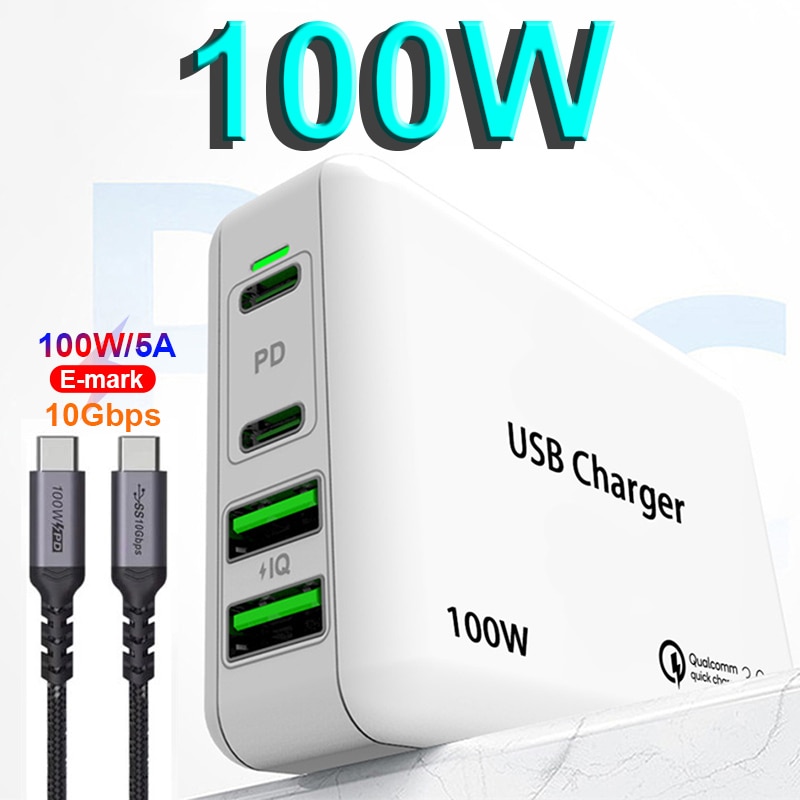 100W 4port Power Adapter PD100W/65W/45W/18W QC4.0/PPS Charger 5A E-MARK USB-C Cable For USB C Laptops MacBook Pro iPhone12/11