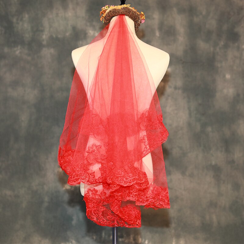 1.5M panna młoda czarny welon jednowarstwowy ślub Vail krótki ślubny welon Appliqued koronkowy biały szampan kość słoniowa welon Accessoire Mariage: czerwony