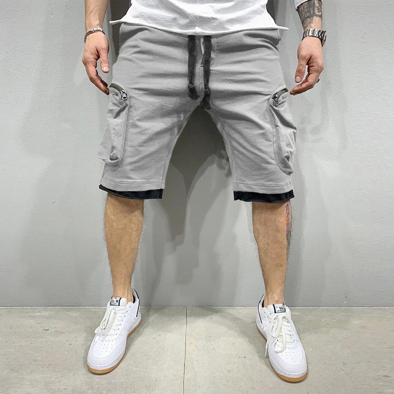 Calça de moletom solta masculina, calçsom curtas para corrida, streetwear esportivo de Fitness, bolso múltiplo, novidade verão,: Xxl / Grå