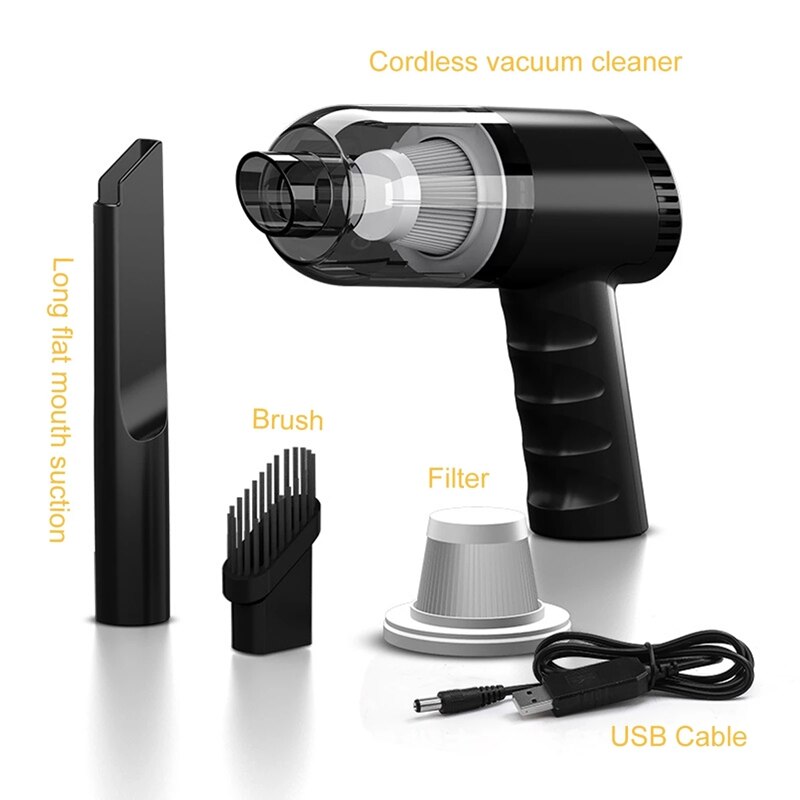 Aspiradora inalámbrica para coche, miniaspirador con carga USB, portátil, de mano, para escritorio, para el hogar: Negro