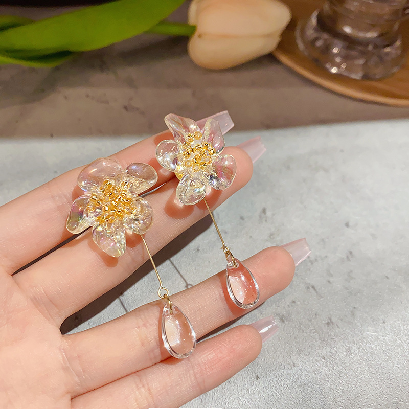 Korean Acrylic Flower Earrings For Women Long Tassel Transparent Crystal Earring Jewelry Wedding