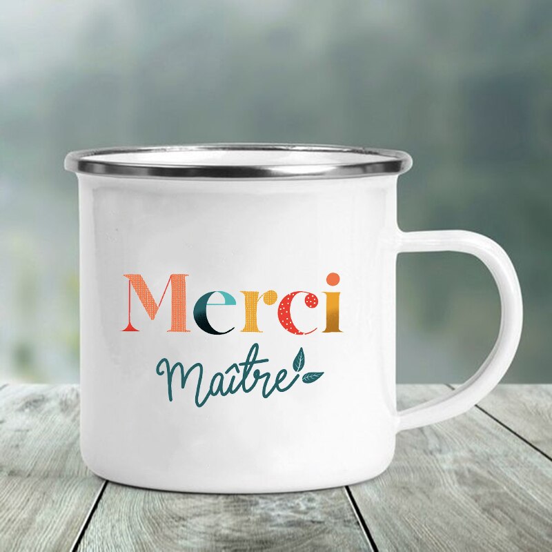 Merci maître tryck muggar kaffekoppar drycker vatten mjölk tekopp emaljmugg skola hem handtag drinkware bästa lärare: Xh3901-a015wh-8