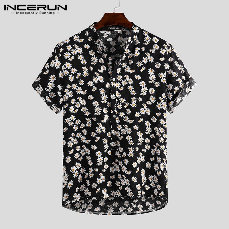 hommes fleur imprimé chemise à manches courtes col rabattu chemise décontracté boutons amples Blouse homme été hawaïen hauts grande taille: Black / XXXL