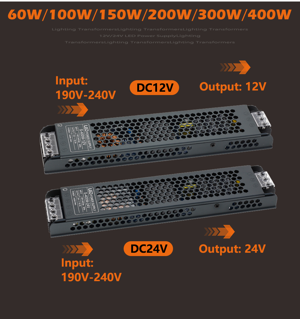 LED-Beleuchtungstransformatoren, Treiber, 12 V/24 V, Stummschaltung, Netzteilquelle, 60 W, 100 W, 200 W, 300 W, 400 W, 190–240 V, LED-Streifen-Konverter-Adapter