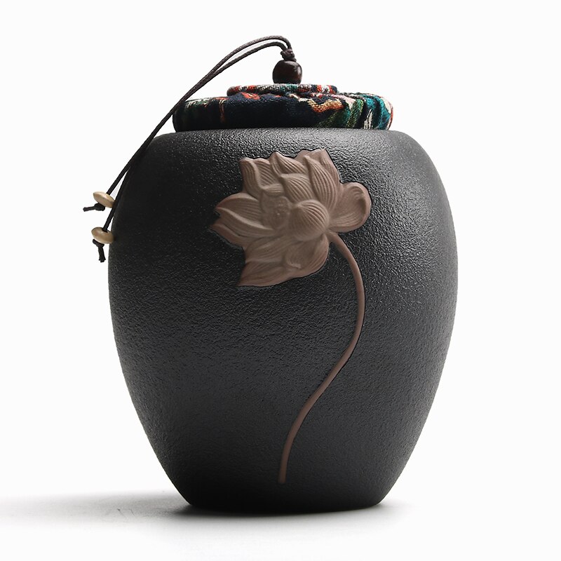 Luwu keramiske tebeholdere relief lotus tebeholdere til opbevaring af te eller mad: Sort