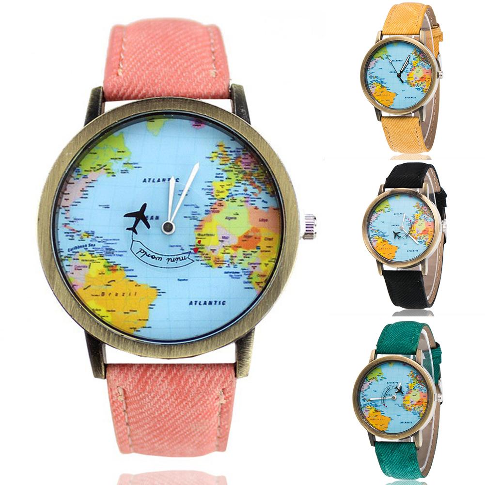 Reloj de cuarzo con correa de cuero de imitación para mujer, pulsera de hora con de mapa del mundo, esfera redonda, Retro Unisex
