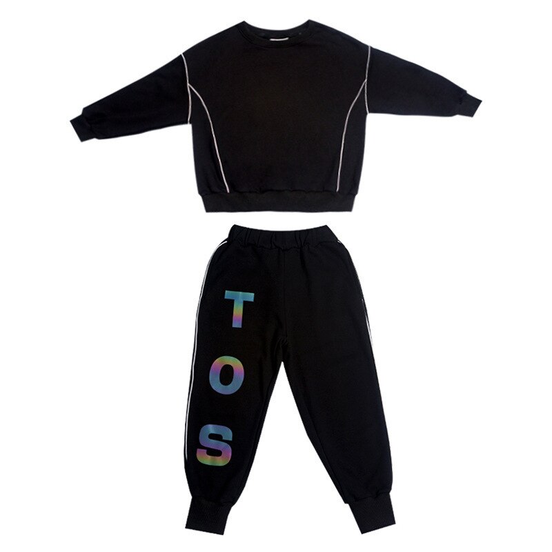 Traje deportivo para chicas adolescentes, conjunto de ropa con letras reflectantes para primavera Y otoño, chándal negro de dos piezas de Hip Hop para niños de 10 Y 12 años: 13