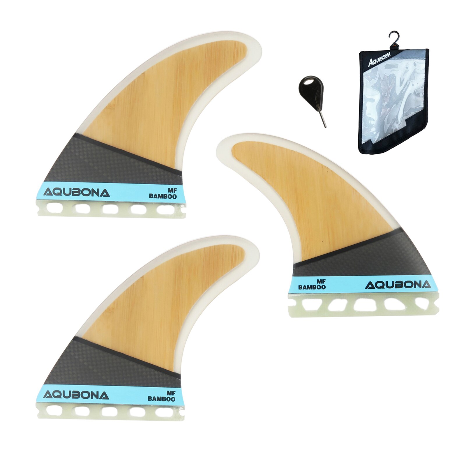 Aletas de fibra de vidrio para tabla de surf, doble pestaña, con bolsa de aleta, llave de aleta (Juegos pequeños, medianos, grandes): bamboo-key-bag