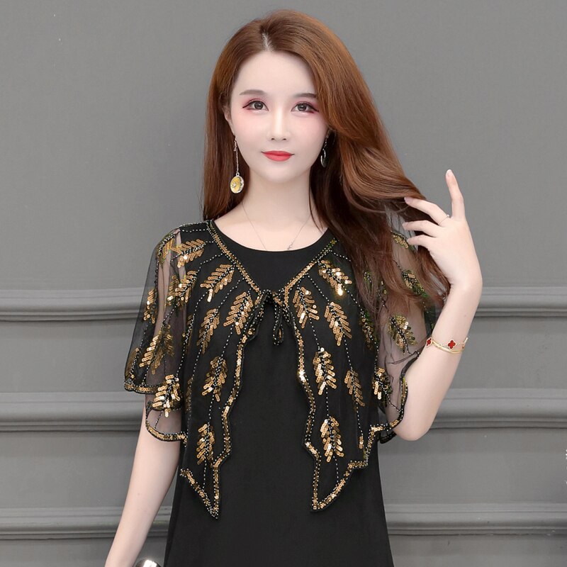 Vintage sequin sommer håndlavet hæklet blonder mesh skuldertræk bolero broderi cardigan feminino kort kappe overdimensionerede toppe kvinder kappe: Sort guld