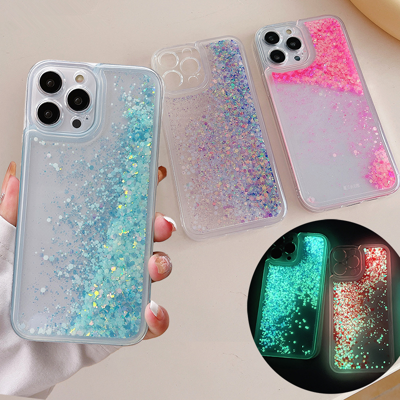 Glow Dark Luminous Liquid Sand Glitter Phone Case for iPhone 14 15 Pro Max 16 13 12 14Pro Luxury Brilliant Quicksand Cover Hood