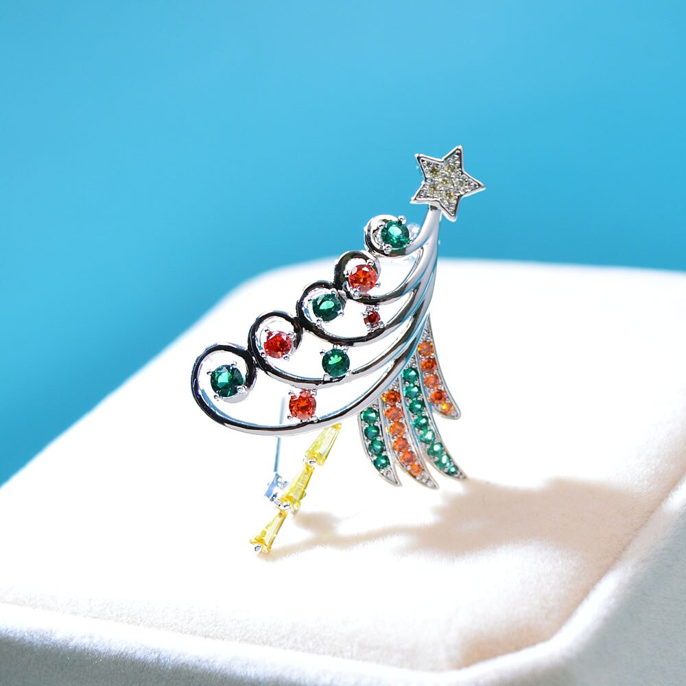 CINDY XIANG Red And Green Color Cubic Zirconia Christmas Tree Brooch Copper Jewelry