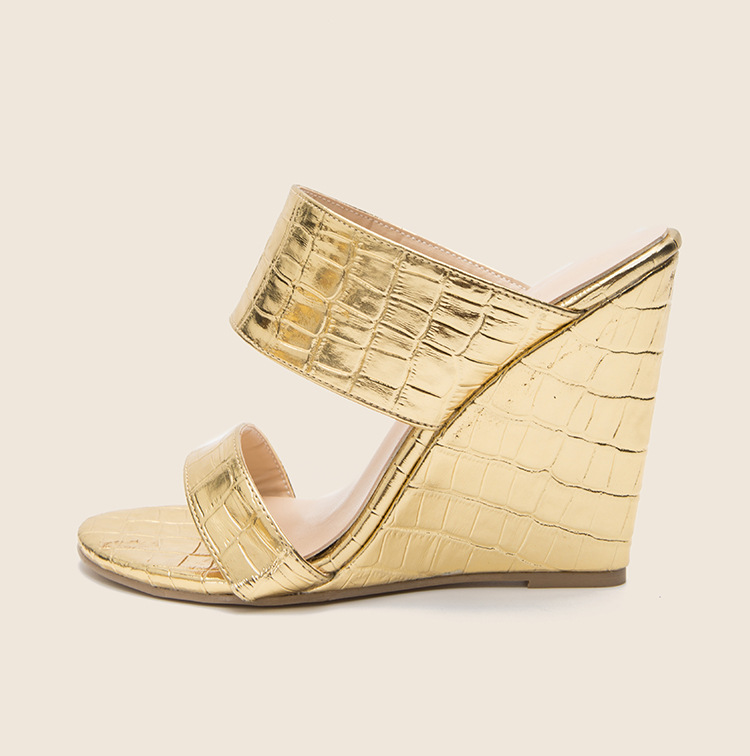 Zapatillas de charol dorado para mujer, sandalias de cuña con punta abierta, zapatos de tacón alto para , novedad de verano