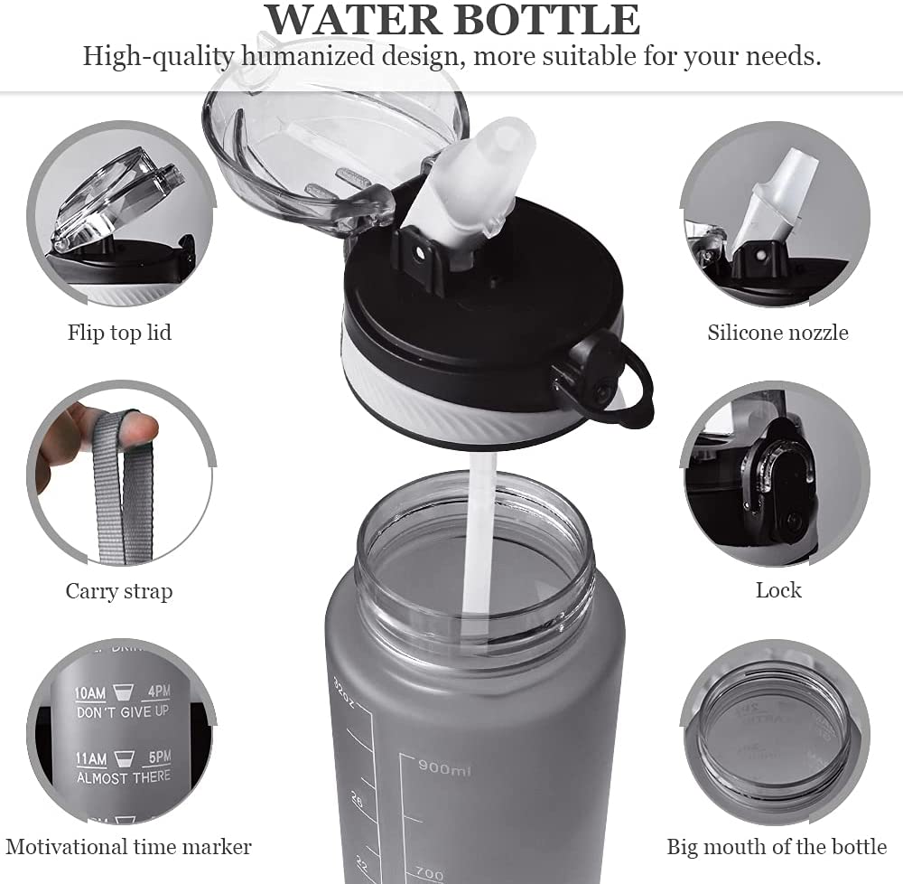 Botella de agua deportiva con pajita, vaso esmerilado sin BPA, a prueba de fugas, para deportes al aire libre, 1 Litro