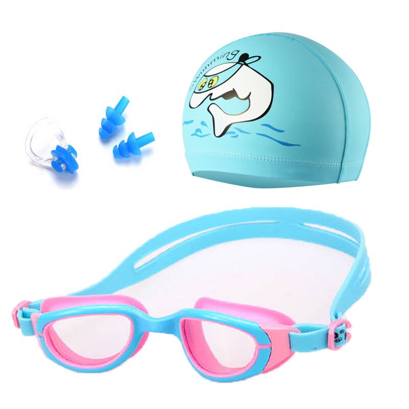 Kinderen Zwembril Oor Plug Neus Clip Set Jongen Meisje Dolphin Caps Zwembad Duikbril Waterdichte Zwemmen Bril Brillen Gevallen: Sky Blue Set