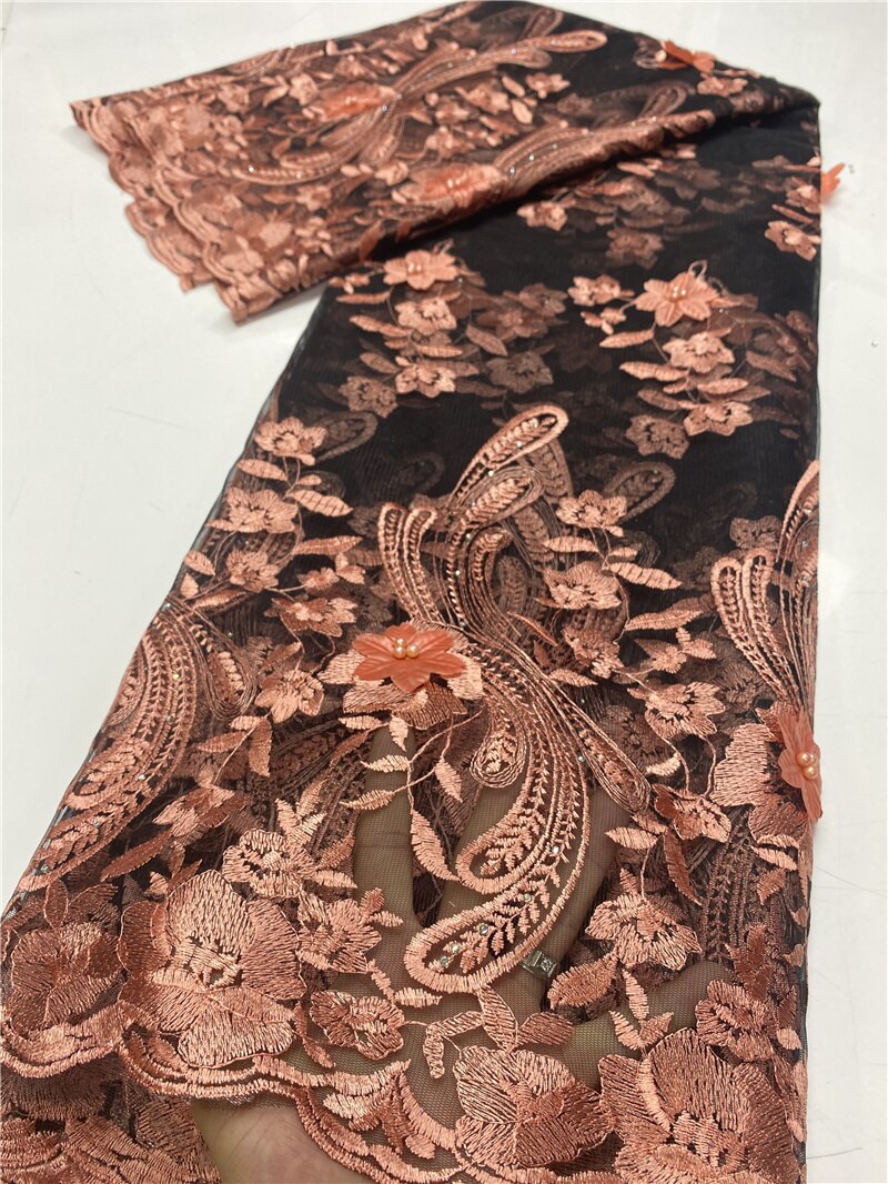 African Beaded Lace Fabric 3D Tulle Lace Material French Nigerian Lace Fabrics For Wedding Sewing YA3631B-4: Picture 7