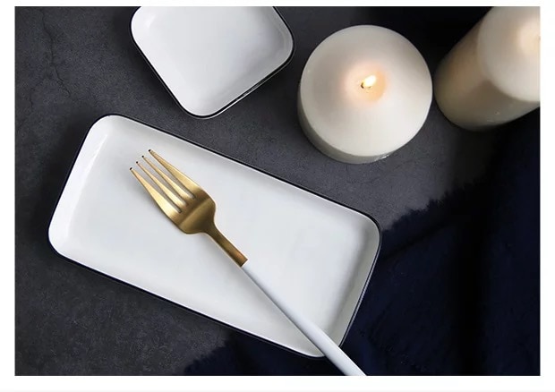 White Square Ceramic Plate Simple White Color Black Edge Dish Steak Fruit Salad Serving Plate Dinner Party Ceramic Dessert Tray