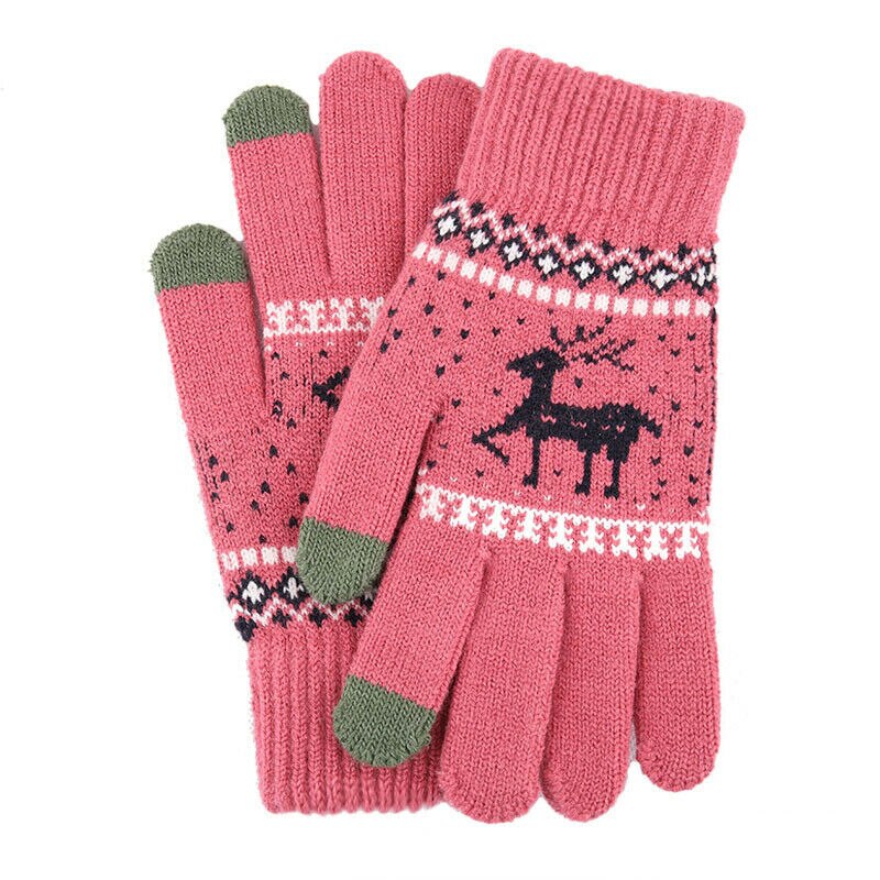 Christmas Elk Printed Knitted Gloves Thicken Warm Winter Touchscreen Glove Women Girls Full Finger Gloves Outdoor Shopping: Rose
