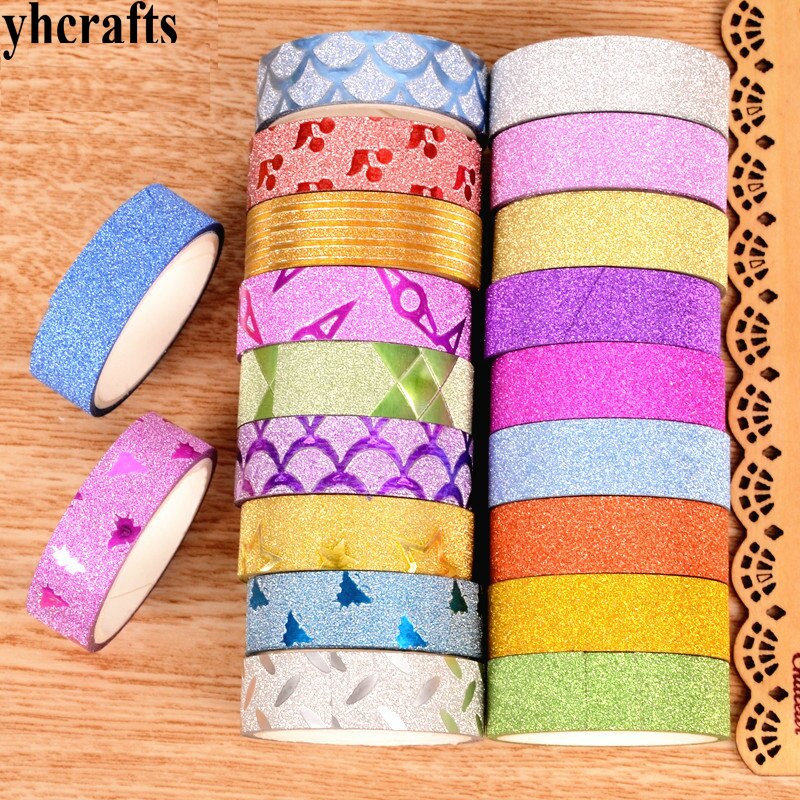 10 Rolls/Lot Kleurrijke en pure kleur plastic tape met glanzende glitter Craft materiaal Scrapbooking kit Creatieve activiteit items