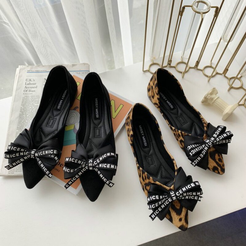 Zapatos planos con lazo grande para mujer, mocasines de punta con estampado de leopardo, informales, para y oficina, Primavera,