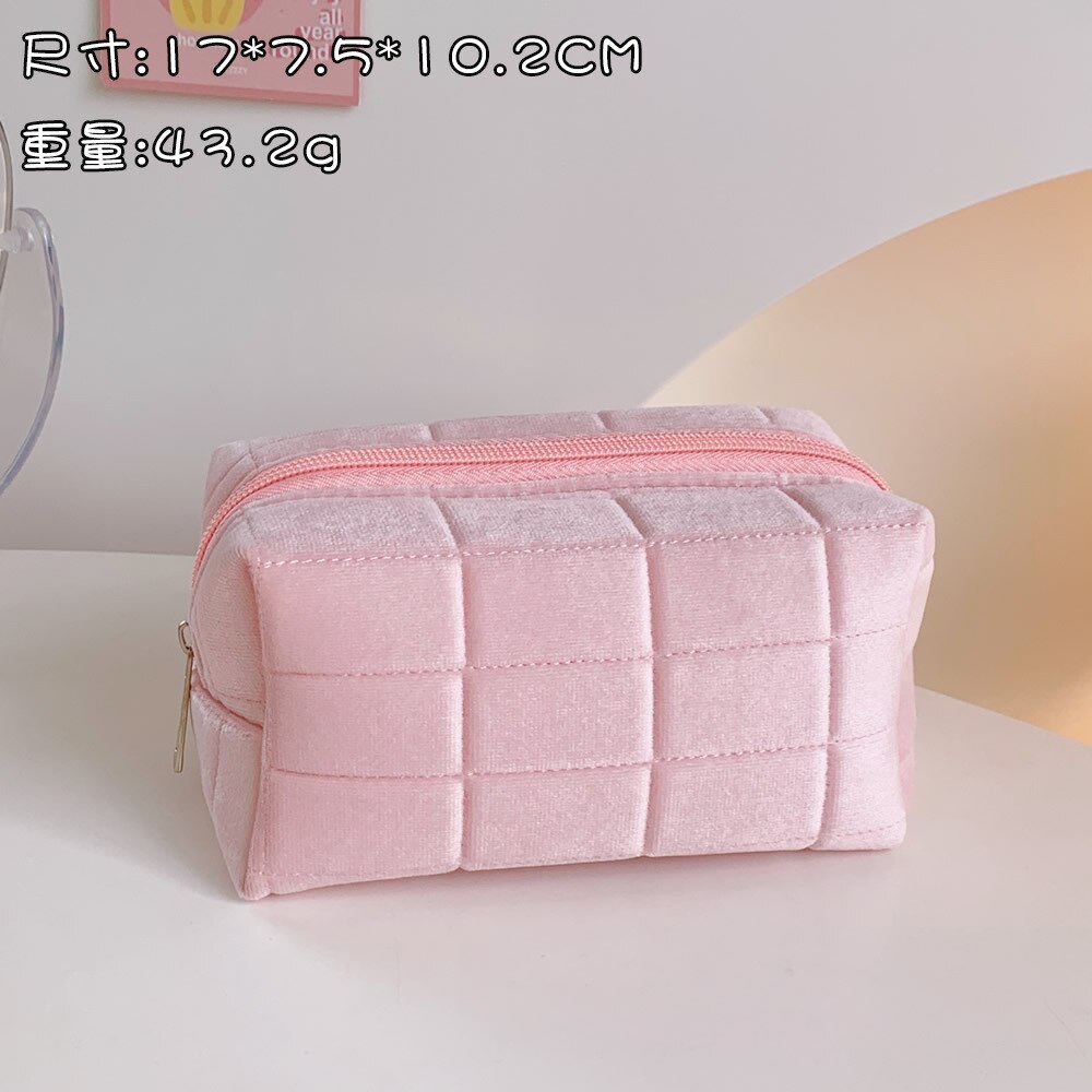 Neceser de viaje de terciopelo con cremallera para mujer, bolsa de aseo para maquillaje, bonita, de Color sólido: Pink