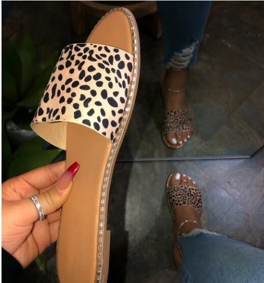 Summer Women Rhinestone Sandals Leopard Print Slip-on Beach Shoes Shallow Flat Ladies Outdoor Slipper 9111