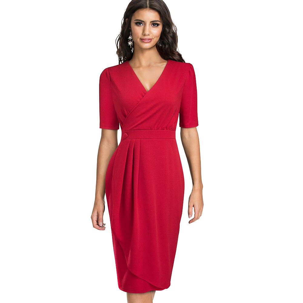 Nice-forever Summer Women Solid Color Office Work Dresses Business Formal Slim Bodycon Fitted Dress btyB583: Red / S