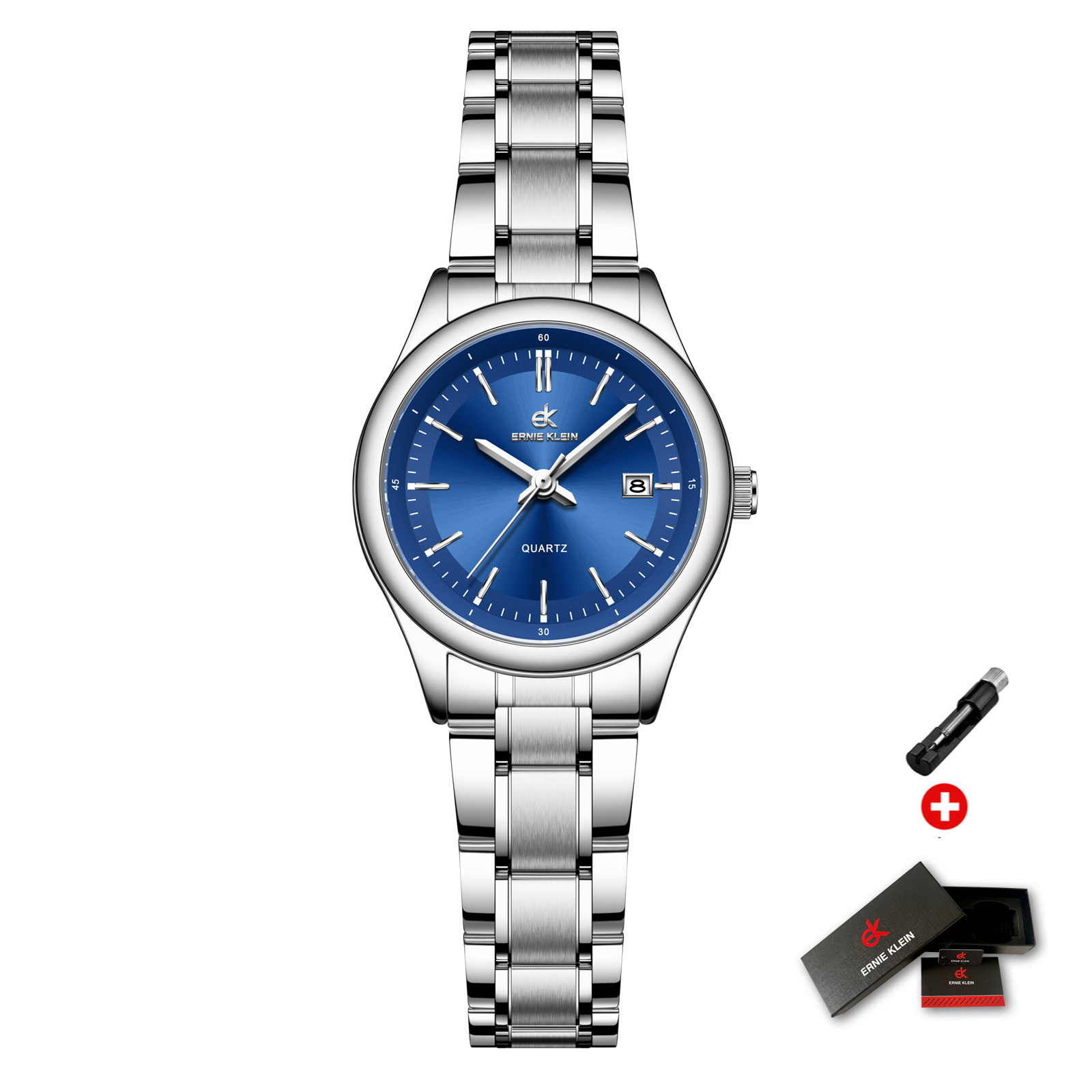 ERNIE KLEIN dameshorloge luxe gouden horloge OriginalDate Week roestvrij staal waterdicht lichtgevende elegante jurk dameshorloges: Blauw