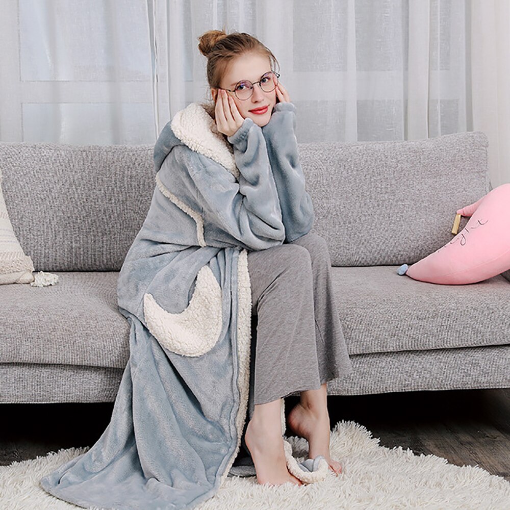 Winter Robes for Women Bathrobe Night Dress Thick Flannel Long Bridal Robe Pijama Cute Stars Moons Patchwork Coral Fleece Kimono