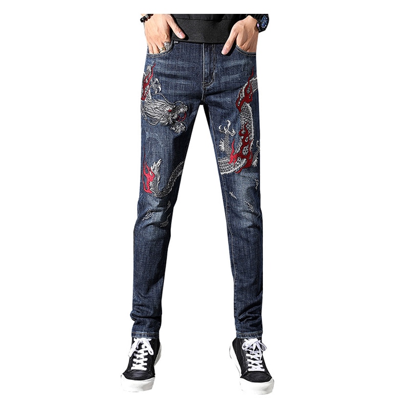 Men's Chinese dragon embroidery jeans embroidered slim straight stretch denim pants Trousers