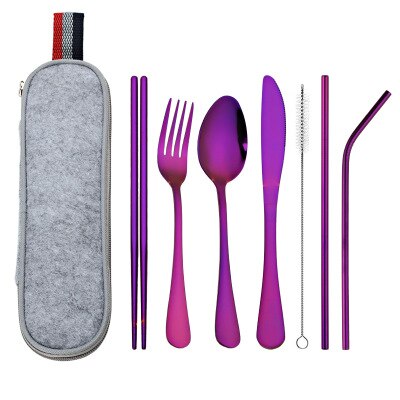 8Pcs/set Tableware Reusable Travel Cutlery Set Camp Utensils Set with stainless steel Spoon Fork Chopsticks Straw Portable case: Purple
